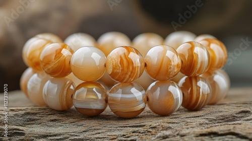 Elegant beige agate bracelets showcasing natural patterns on a rustic wooden surface for jewelry and accessory promotions photo