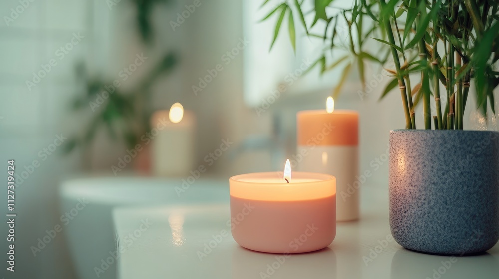 Crafted pink and orange soy candles glowing on a bathroom countertop beside a bamboo plant in a bright and serene bathroom setting Crafted pink and orange soy candles glowing on a bathroom countertop beside a bamboo plant in a bright and serene bathroom setting