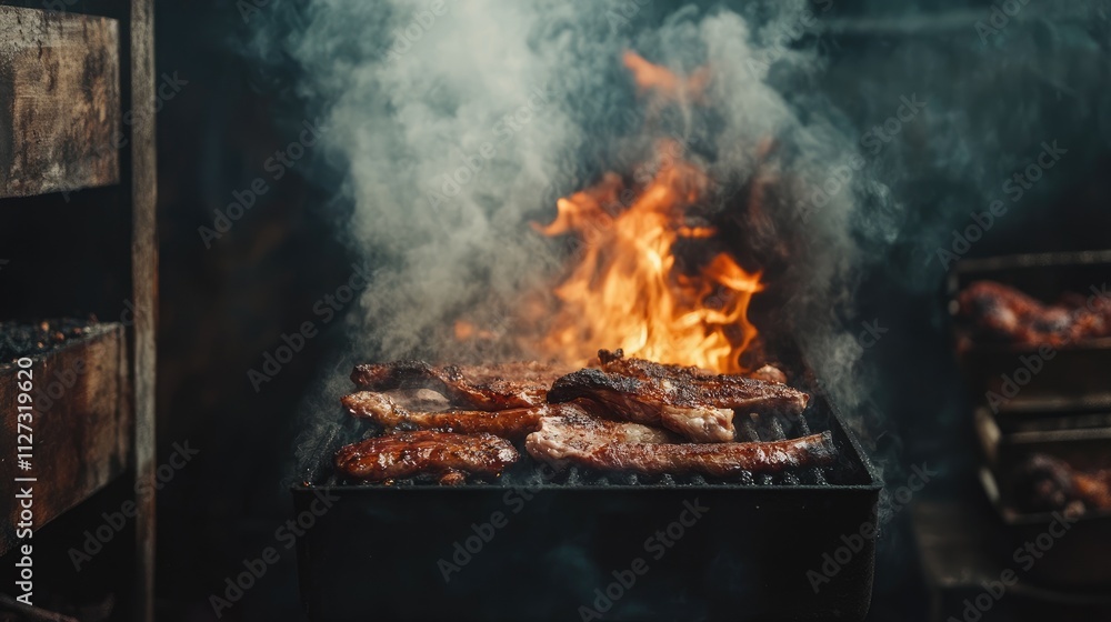 Flames and Smoke from a Smoker Oven Grilling Meat in a Rustic Smokehouse Kitchen Flames and Smoke from a Smoker Oven Grilling Meat in a Rustic Smokehouse Kitchen
