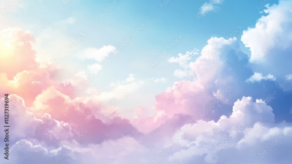 Soft pastel clouds illuminated by sunlight create a serene and dreamy sky perfect for calming backgrounds. Soft pastel clouds illuminated by sunlight create a serene and dreamy sky perfect for calming backgrounds.