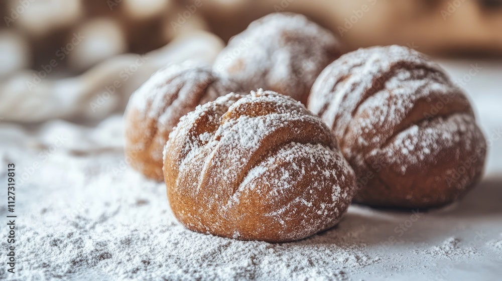 Brown artisan bread rolls dusted with flour on a clean white surface for culinary and bakery themed visuals Brown artisan bread rolls dusted with flour on a clean white surface for culinary and bakery themed visuals
