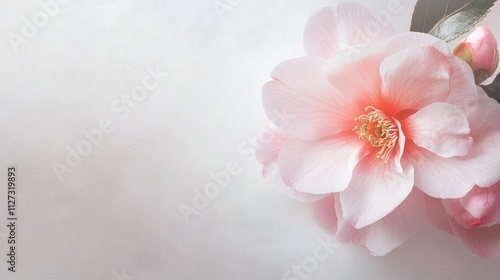 Delicate pink camellia flower bloom on soft white background creating an elegant and tranquil floral composition for various creative uses