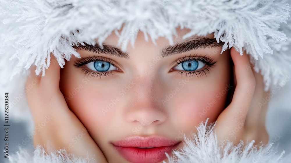 A woman with blue eyes wearing a white fur hat A woman with blue eyes wearing a white fur hat