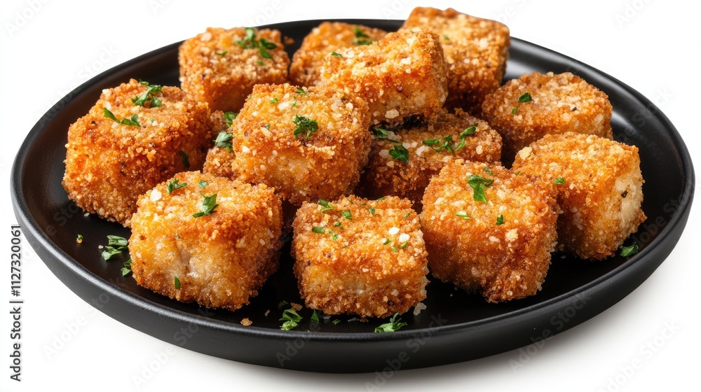 Crispy fried chicken cubes coated in golden breadcrumbs garnished with fresh parsley served on a sleek black plate against a white background Crispy fried chicken cubes coated in golden breadcrumbs garnished with fresh parsley served on a sleek black plate against a white background