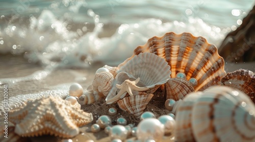 Seashells and pearls on sandy beach with gentle waves photo