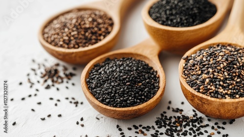 Black sesame seeds in wooden spoons on a white background showcasing healthy food ingredients and culinary versatility.