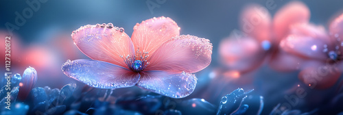 3D rendering, abstract floral background with silk and satin fabric waves, orange lily flower, teal blue-green, gold elements, dark grey gradient background, Cinema 4D, Blender, Unreal Engine 5