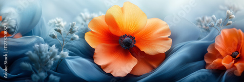 3D rendering, abstract floral background with silk and satin fabric waves, orange lily flower, teal blue-green, gold elements, dark grey gradient background, Cinema 4D, Blender, Unreal Engine 5