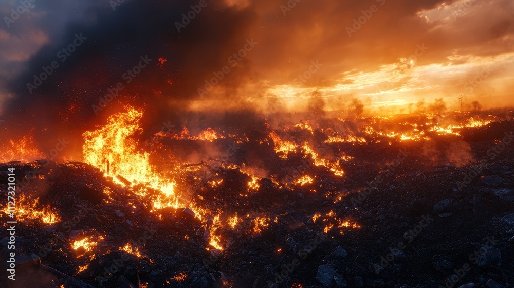 Destructive wildfire spreading through dry grassland with dense smoke engulfing the area highlighting environmental impacts and fire hazards Destructive wildfire spreading through dry grassland with dense smoke engulfing the area highlighting environmental impacts and fire hazards