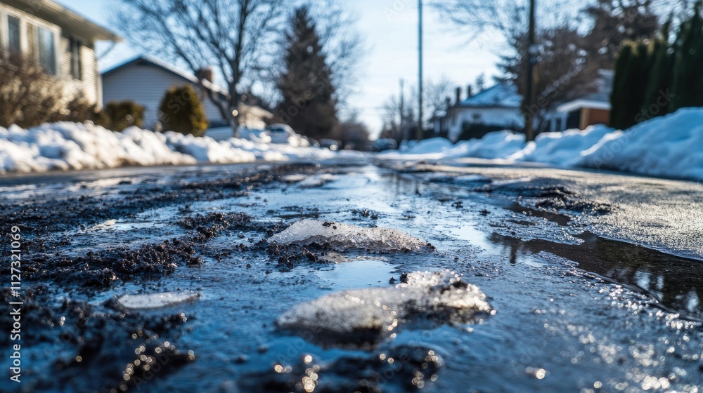 Fototapeta premium Melting dirty snow revealing pavement as spring arrives in suburban neighborhood street scene