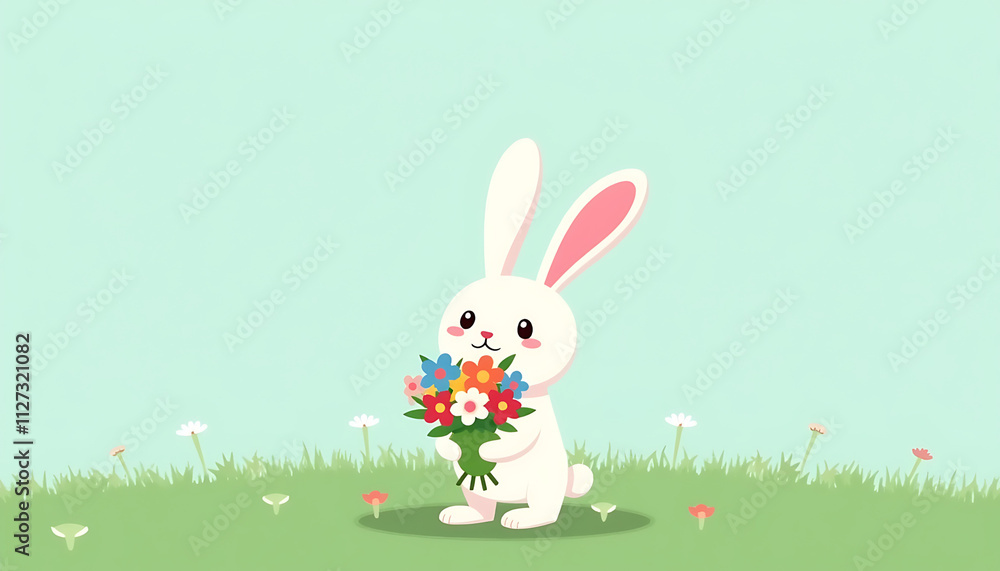 Fototapeta premium Rabbit holding a bouquet of flowers in a meadow