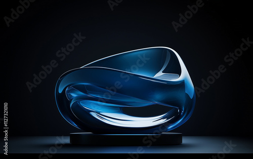 3D render of an abstract blue shape on a dark background, an abstract organic form with fluid and flowing shapes, and a blue gradient color
