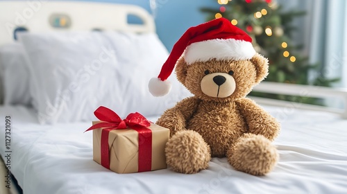 Teddy Bear Wearing Santa Hat Sits Beside Gift On Hospital Bed