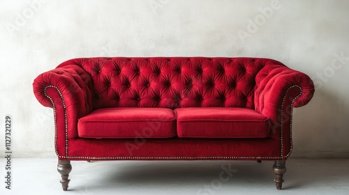 Elegant vintage red tufted sofa against a textured light wall in a stylish interior setting photo