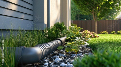 Garden drainage pipe installation surrounded by lush greenery and landscaping elements in residential outdoor setting. photo