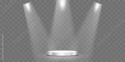 Spotlight with glowing light effect,white rays,beams on podium display background for Studio background,Concert stage.Lighted scene floodlight abstract light from lamp,spotlights on podium stand