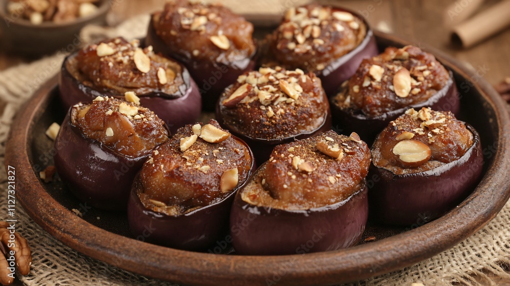 Golden-brown stuffed eggplants arranged on a ceramic plate, with decorative burlap cloth and scattered roasted nuts Golden-brown stuffed eggplants arranged on a ceramic plate, with decorative burlap cloth and scattered roasted nuts