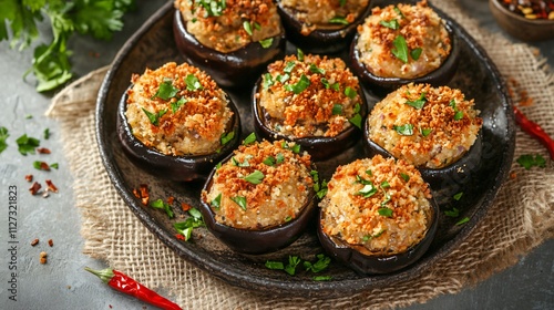 Golden stuffed eggplants with a crispy breadcrumb topping, placed on a burlap-lined plate with decorative chili flakes