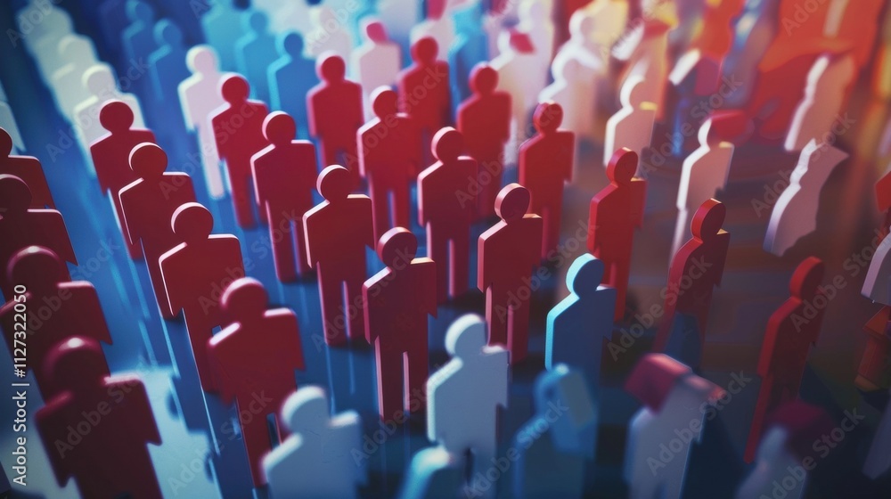 Fototapeta premium Representing big data and people analytics, a vibrant crowd of diverse human figures illustrates the complexity of human resources management in the digital age
