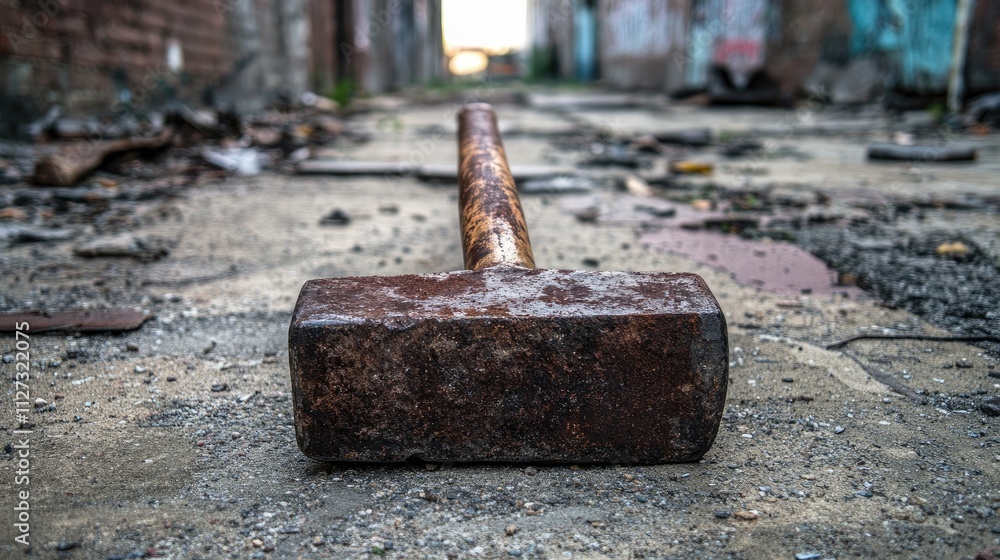 Rusty construction sledgehammer resting on a textured sidewalk in an urban environment filled with debris and graffiti. Rusty construction sledgehammer resting on a textured sidewalk in an urban environment filled with debris and graffiti.
