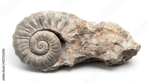 Ammonite fossil with intricate spiral design displayed on a clean white background showcasing geological history and natural beauty