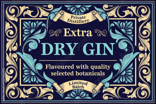Dry gin - ornate vintage decorative label