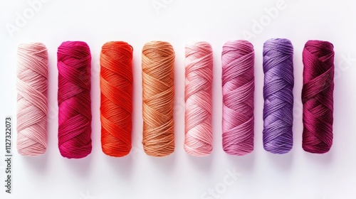 Colorful cotton sewing threads arranged in a row on a white background showcasing tailor equipment for needlework and garment design. photo