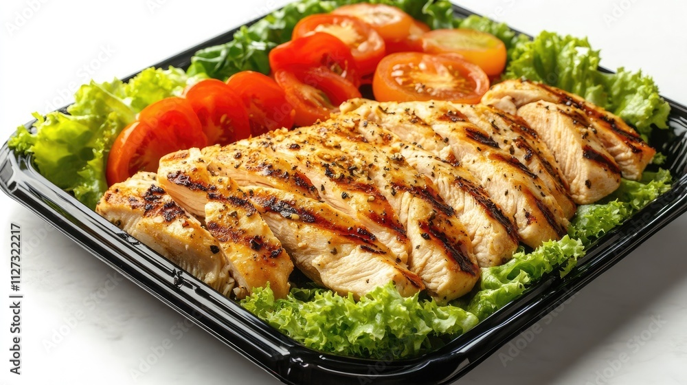 Grilled Chicken Salad with Vegetables Freshly Prepared Chicken Caesar Salad on a Black Plate with Tomatoes and Leafy Greens Grilled Chicken Salad with Vegetables Freshly Prepared Chicken Caesar Salad on a Black Plate with Tomatoes and Leafy Greens