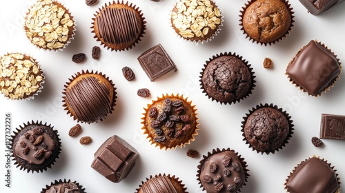 Assorted homemade cupcakes and muffins with chocolate and raisins arranged on a white background for a delightful dessert display