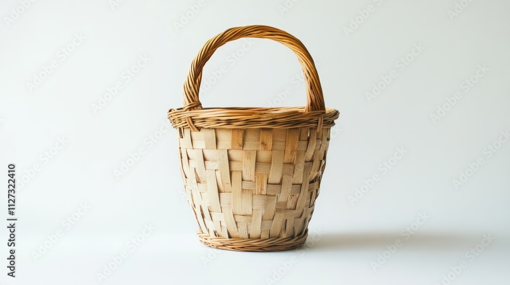 wicker basket with handle on white background perfect for storage or decoration in home or studio settings wicker basket with handle on white background perfect for storage or decoration in home or studio settings