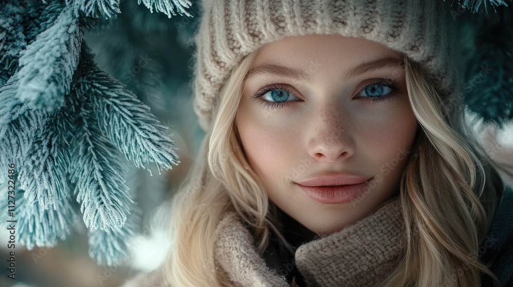 Blond model in knitted hat and cozy coat portrait against serene blue spruce backdrop with winter ambiance Blond model in knitted hat and cozy coat portrait against serene blue spruce backdrop with winter ambiance