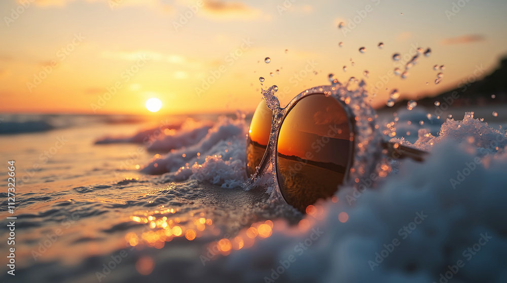 Artistic Shot of Sunglasses Reflecting Ocean Waves at Beach Sunset Artistic Shot of Sunglasses Reflecting Ocean Waves at Beach Sunset