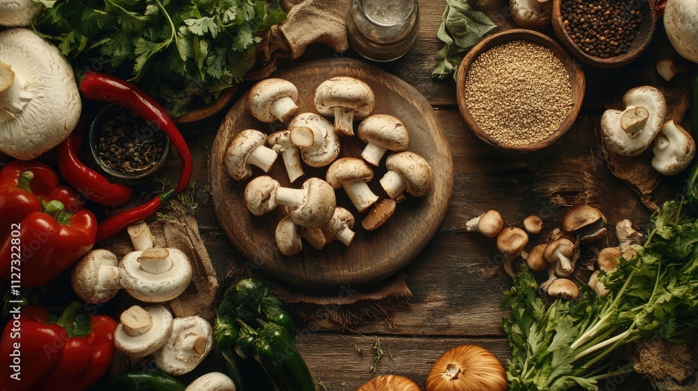 Fresh mushrooms arranged with herbs and spices on a wooden surface surrounded by vegetables and grains for a vibrant kitchen scene Fresh mushrooms arranged with herbs and spices on a wooden surface surrounded by vegetables and grains for a vibrant kitchen scene