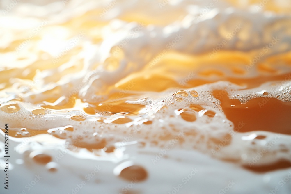 Close-up of frothy liquid with bubbles and amber tones. Close-up of frothy liquid with bubbles and amber tones.