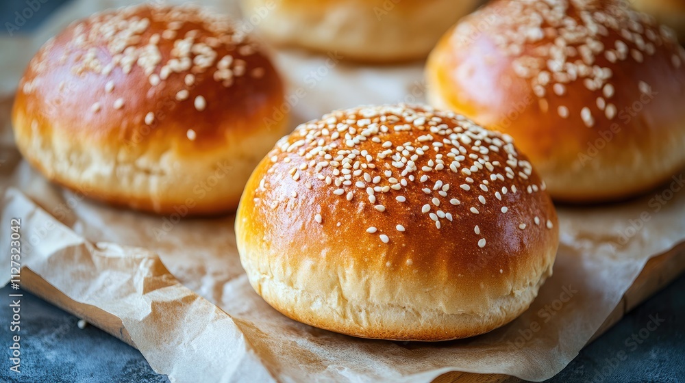 Freshly baked sesame seed buns on a rustic wooden board showcasing artisan craftsmanship and gourmet nutrition for delicious meals. Freshly baked sesame seed buns on a rustic wooden board showcasing artisan craftsmanship and gourmet nutrition for delicious meals.