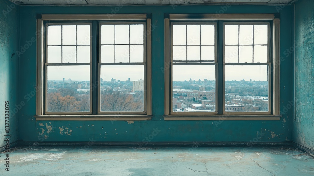 Empty room with two large windows offering a view of the cityscape creating a sense of solitude and contemplation in urban surroundings Empty room with two large windows offering a view of the cityscape creating a sense of solitude and contemplation in urban surroundings