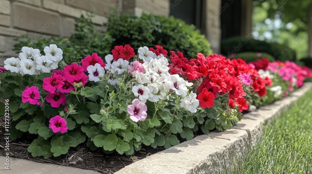 Fototapeta premium Blooming Imperial Geraniums in Vibrant Colors Red Pink and White Enhance Outdoor Beauty in Wisconsin Garden Landscape
