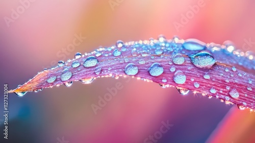 Morning dew glistening on vibrant rice plant leaves with soft pastel background hues