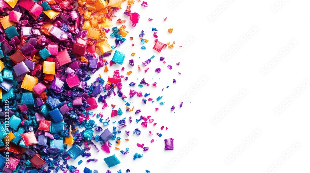 Fototapeta premium Colorful plastic masterbatch chips arranged on white background ideal for industrial product catalog and creative design applications