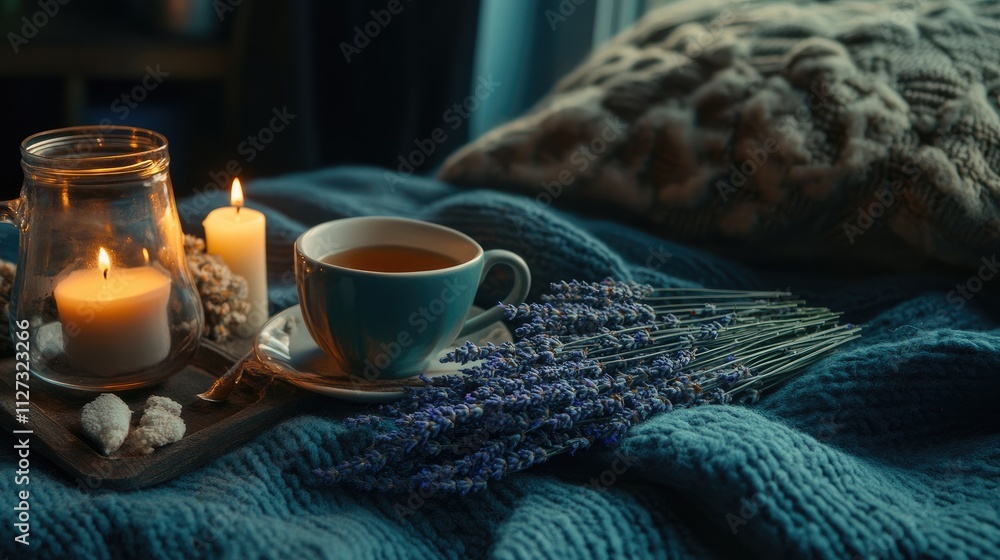 Cozy morning retreat with herbal tea candles and lavender creating a warm Hygge atmosphere for ultimate relaxation and comfort Cozy morning retreat with herbal tea candles and lavender creating a warm Hygge atmosphere for ultimate relaxation and comfort