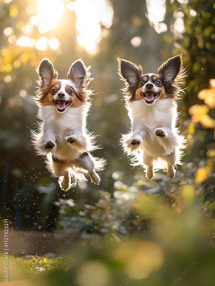 Joyful Papillon Dogs Leaping Through Sunlit Garden Joyful Papillon Dogs Leaping Through Sunlit Garden