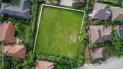 Aerial view of vacant land plot surrounded by residential properties for real estate investment and development opportunities