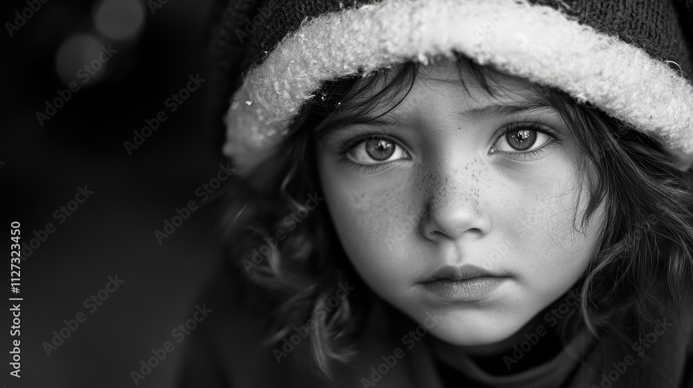 Child in Christmas hat with soulful expression captured in black and white portrait highlighting innocence and holiday spirit. Child in Christmas hat with soulful expression captured in black and white portrait highlighting innocence and holiday spirit.