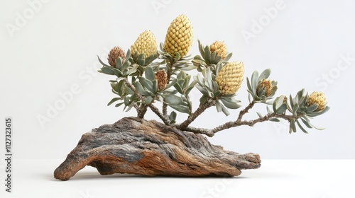 Banksia serrata plant showcased on driftwood with vibrant flower spikes against a minimalist background for natural decor inspiration. photo