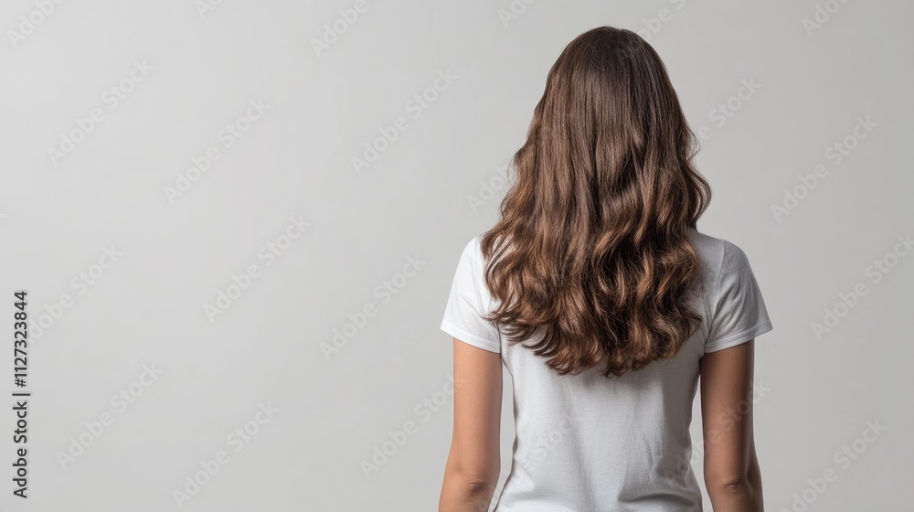Stylish woman showcasing front and back views of t-shirt design on neutral background with ample copy space for branding and mockup purposes Stylish woman showcasing front and back views of t-shirt design on neutral background with ample copy space for branding and mockup purposes