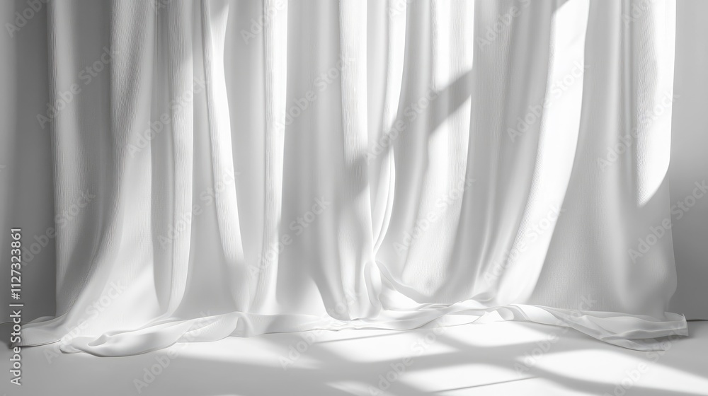 Soft white curtains casting gentle shadows for a serene abstract background in a bright interior setting. Soft white curtains casting gentle shadows for a serene abstract background in a bright interior setting.
