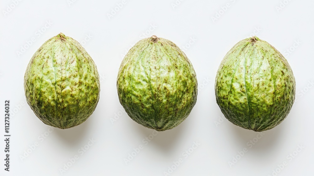 Green outer shells of unripe walnuts arranged symmetrically on a clean white background showcasing their natural texture and color. Green outer shells of unripe walnuts arranged symmetrically on a clean white background showcasing their natural texture and color.