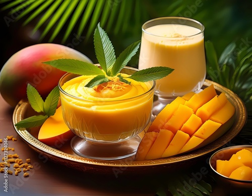 A luscious mango dessert spread featuring aamras, mango kulfi, and mango lassi photo