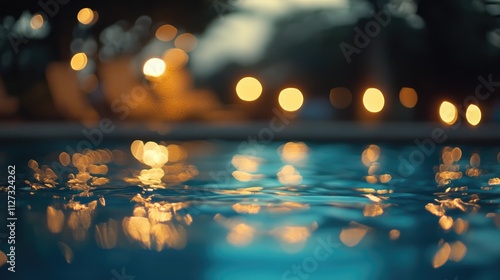 Blurred swimming pool in resort showcasing bokeh lights for a serene and calming atmosphere ideal for relaxation themed visuals photo