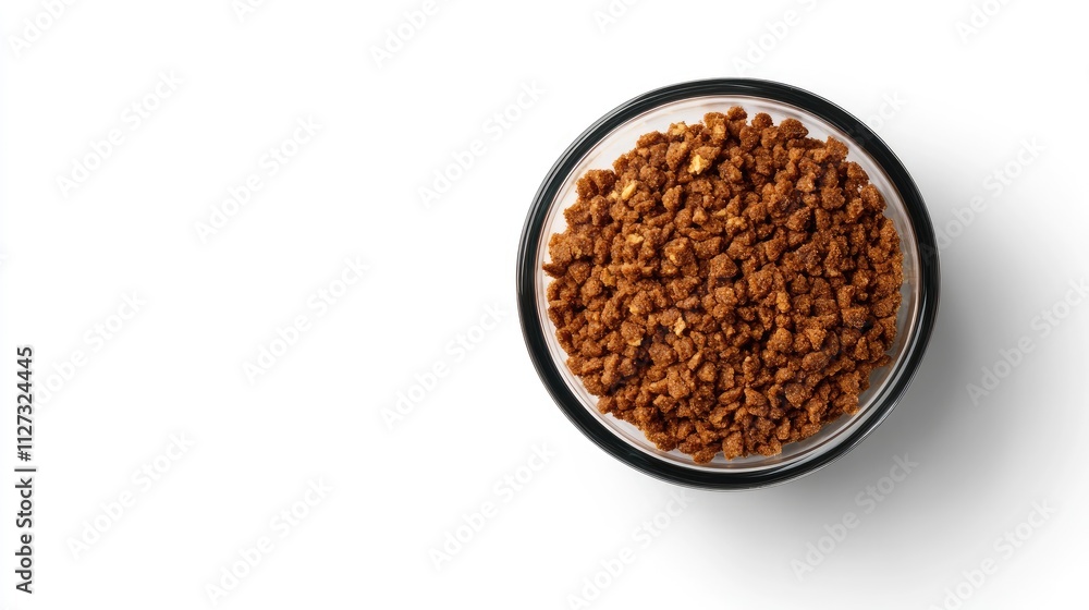 Dry pet cat food in a transparent bowl on a clean white background showcasing top view mock up for pet food advertising and marketing Dry pet cat food in a transparent bowl on a clean white background showcasing top view mock up for pet food advertising and marketing